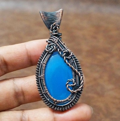 Sky blue Onyx Gemstone Copper Wire Wrap Pendant Handmade Gift Jewelry (PD-63