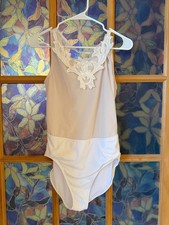 Weissman Adult Large Dance Costume Leotard White  Beige Velvet Applique