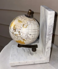 White Marble Bookend w/ Rotating Globe on Metal Base Felt Bottom - 7.25x4x5.5