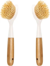 2 Pack Kitchen Dish Brush Bamboo Handle Dish Scrubber Built-in Scraper, Scrub