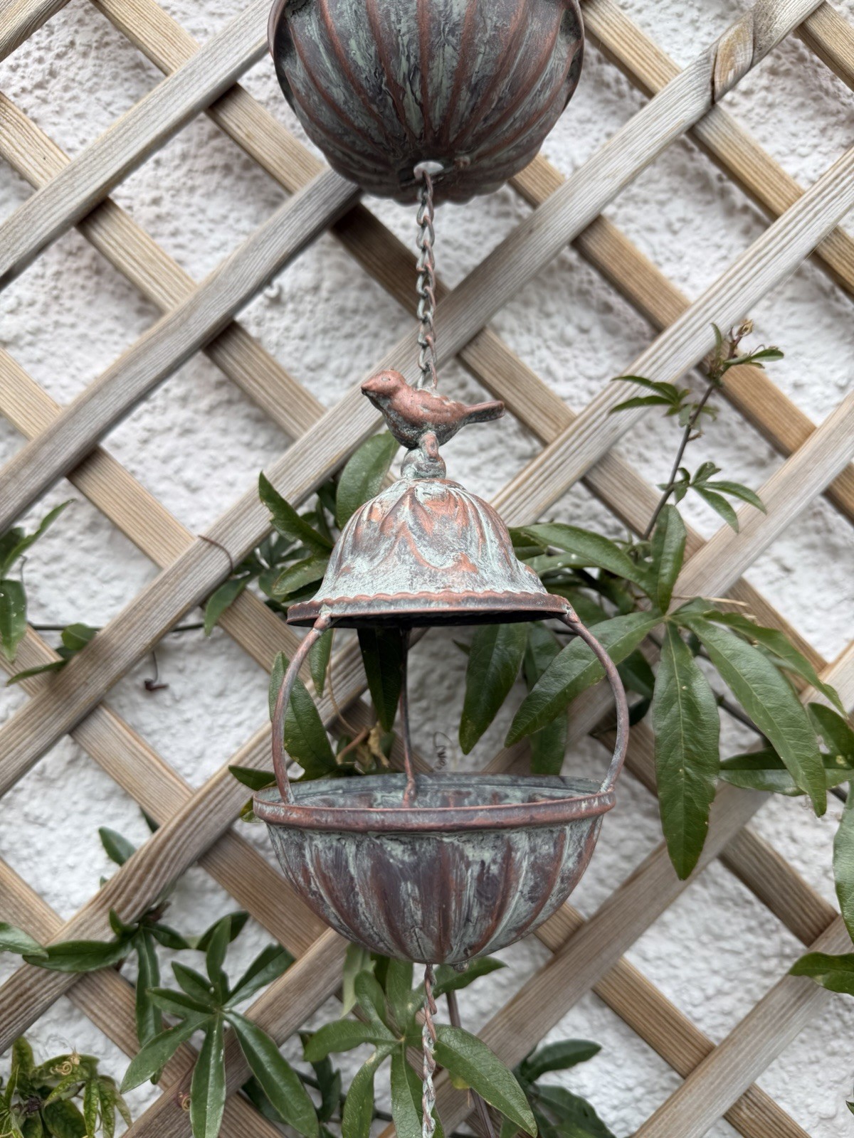 Bird Basket Rain Chain - Garden Hanging Decoration Water Catcher Verdigris Metal