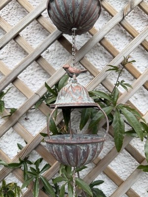Vogelkorb Regenkette - Garten Hängedeko Wasserfänger Grünspan Metall