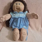 Vtg  1978-1983 CABBAGE PATCH KIDS Girl DOLL Brown Yarn Hair Blue Dress Soft Body