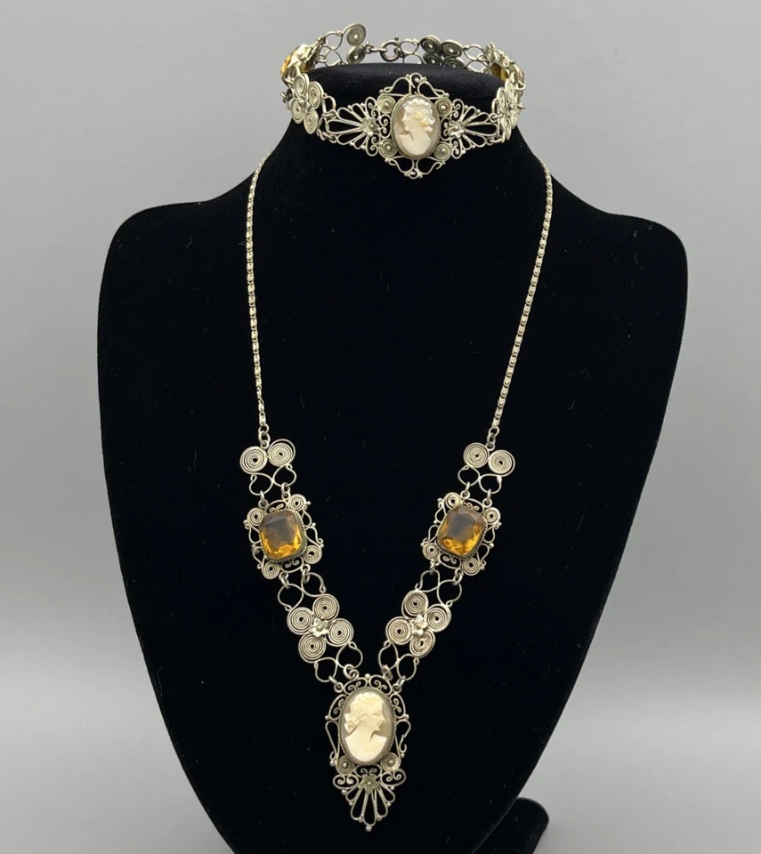 Conjunto de collar y pulsera camafeo filigrana años 30 camafeos concha vidrio ámbar vintage Foto 2 de 4