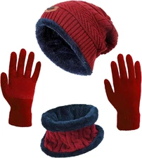 Winter Hat Scarf Gloves Slouchy Beanie Snow Knit Skull Cap Touch Screen Mittens 
