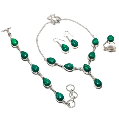 Malachite Pear Shape Gemstone Ethnic 925 Sterling Silver Necklace Jewelry Set O9