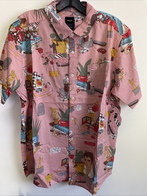 New RVCA Sport Designer Street Style Button Font Short Sleeve Shirt Size M