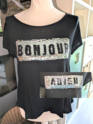 AMISU * T-Shirt * SCHWARZ mit Streichpailletten ADIEU BONJOUR *  Gr.  M