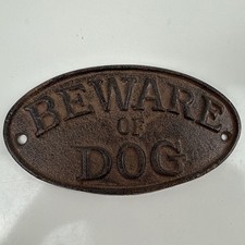 Cast Iron Beware of Dog Oval Plaque Sign Dark Brown Patina 7"