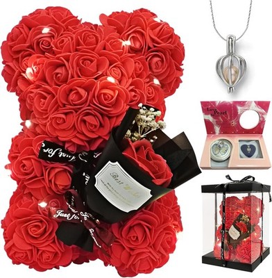 Rose Bear Flower Bouquet Gift Set with Pearl Necklace Romantic Present for Her