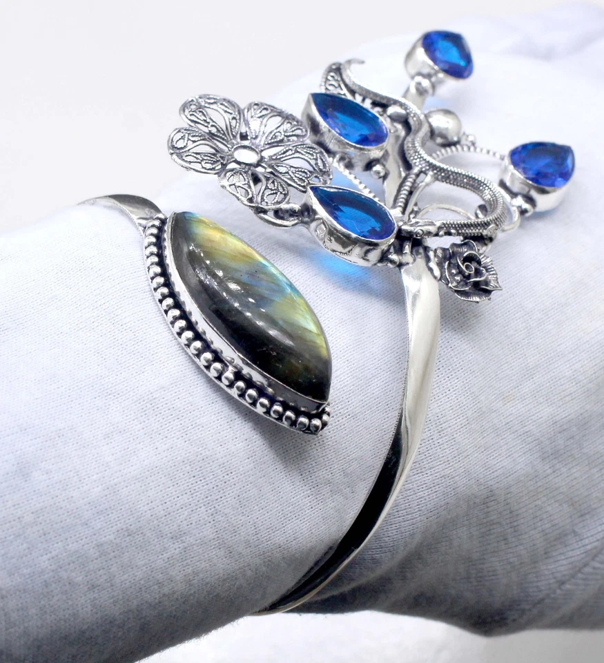 Labradorite Gemstone Handmade 925 Sterling Silver Jewelry Cuff Bracelet Size-ADJ - Image 2 of 4