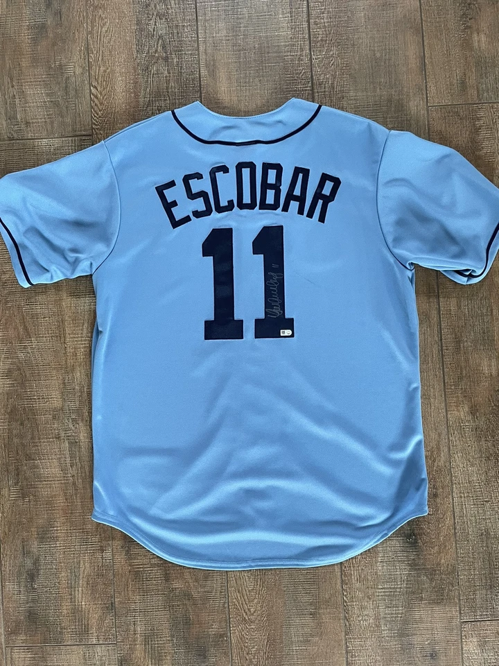 Camiseta MLB Auténtica Majestic Yunel Escobar #11 Autografiada Rays Azul Bebé Nueva con Etiquetas Foto 2 de 4