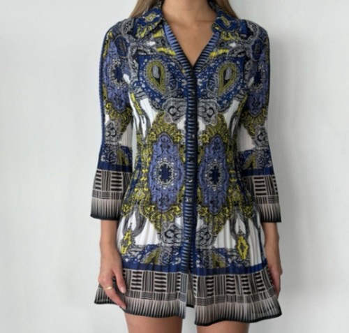 Alfani Paisley Geo Button Front Tunic Blouse Pleated Chiffon Blue White Size 12 - Picture 11 of 12