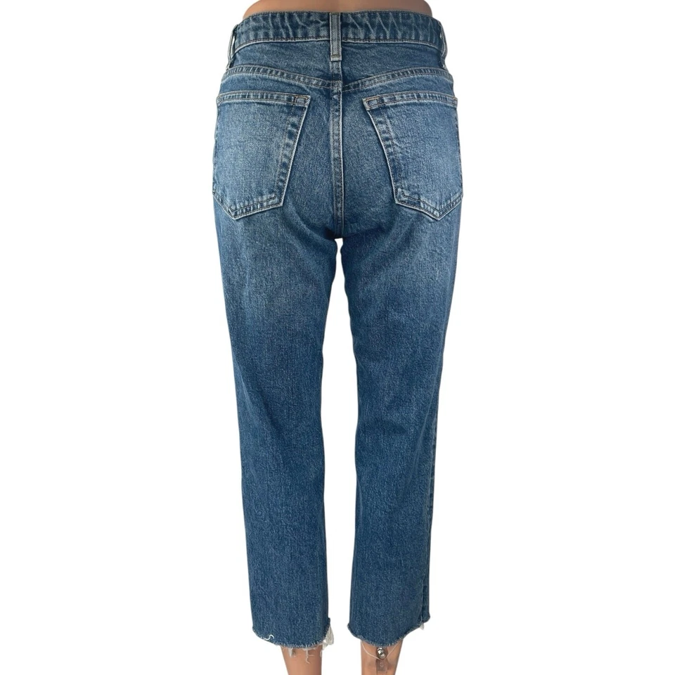 Topshop Women's Blue High Waisted Straight Leg Raw Hem Cropped Denim Jeans Sz 24 - Image 3 of 4