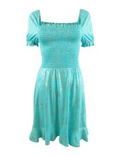 MICHAEL Michael Kors Women's Foil-Print Smocked Peasant Dress (S, Turquoise)