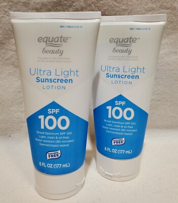 2 Ct. Equate Beauty Ultra Light Sunscreen Lotion, SPF 100, 6 fl oz. Exp:06/2026
