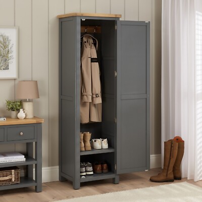 Marbury Slate Grey Painted Single Hallway Coat Shoe Cupboard Oak  Furniture UK