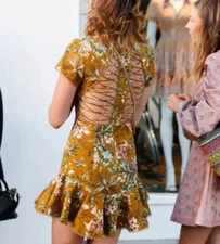 Zimmermann Tropicale Lattice Dress Size 0 / 8 AU / 4 US Mustard Linen Mini Dress