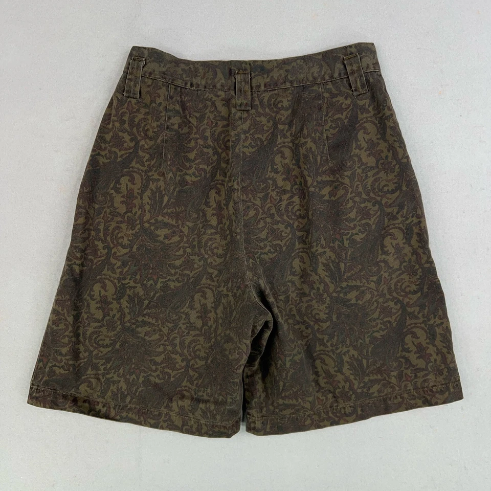 Vintage Skoozi Shorts Womens 13 Brown Olive Green Paisley Damask Pleated Grandma - Image 4 of 4