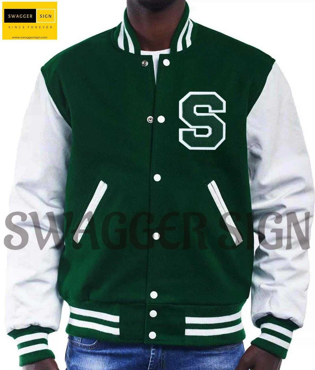 Varsity Letterman Bomber Baseball Forest Green Wool & Gray Leather Sleeve  jacket