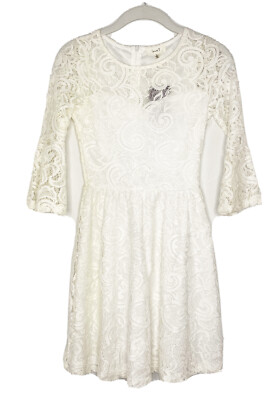 NWT Love J Juniors Floral Lace A Line Fit Flare Ivory White Bell Sleeve  Dress