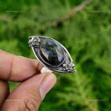 Natural Labradorite Gemstone Multi Stone Flower Blue Adjustable Ring 925 Silver