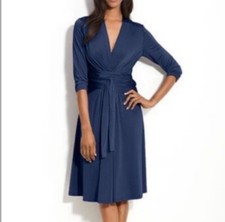 Eliza J Long Sleeve Wrap Dress Womens 0 Blue V-Neck Casual Back Zip Casual