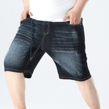 Men Casual Loose Stretch Wash Denim Shorts Outdoor Elastic Waist Half Jeans
