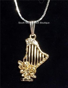 Authentic Celtic Rose Harp Necklace Victorian Musician Music Silver Gold Plated 18"