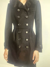 NWT BURBERRY COATBRIDGE BLACK WOOL CASHMERE FOX COLAR TRENCH COAT US 2 EU 36