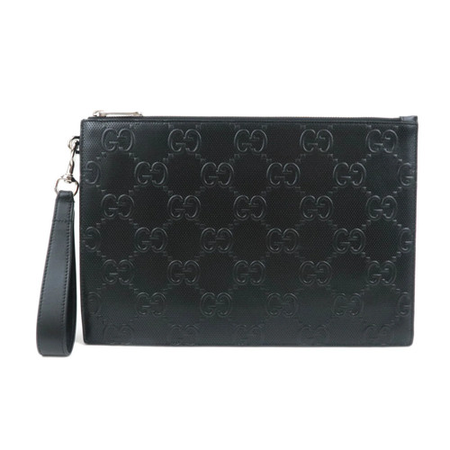 GUCCI GG Embossed Leather Clutch Bag Black Silver HDW 625569 Authentic
