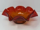 Vintage Blenko Glass 8" Ruffled Edge Bowl Amberina w/Original Sticker