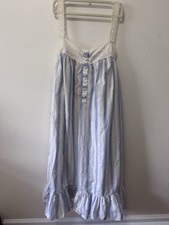 Vintage Victoria's Secret Blue White Striped Cotton Lace Sleeveless Gown Large