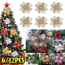 6/12 Pcs Glitter Christmas Poinsettia Hanging Flowers Xmas Party Tree Decoration