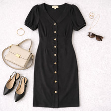 Black Sheath Dress Puff Sleeve Button Front V Neck Knee Length Petite 16P LOFT