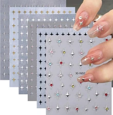 6 Sheets 3D Star Nail Stickers White Black Silver Gold Self Adhesive Nail Decals