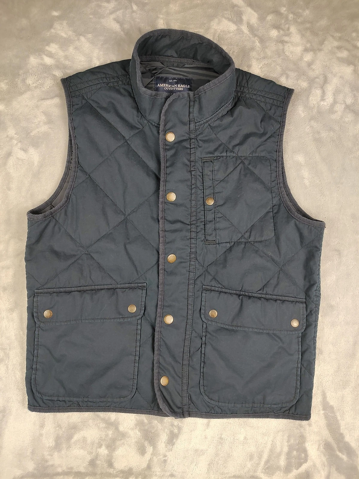 American Eagle Outfitters Vest Mens Large Blue Quilted Canvas Full Zip Insulated