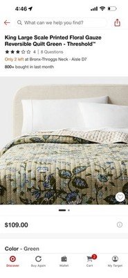 King Large Scale Printed Floral Reversible Quilt Green THERESHOLD NEW