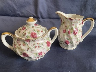 Vintage Lefton Hand Painted Rose Cottage Chintz Creamer and Sugar Dish Set