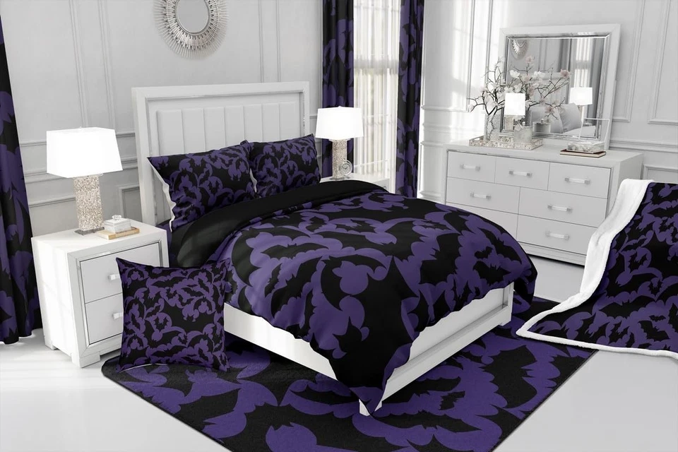 Juego de funda nórdica temática de Halloween tamaño king, edredón estampado animal murciélagos negros... Foto 3 de 4