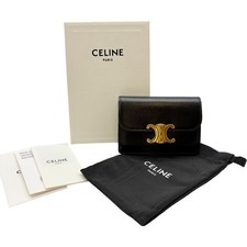 Authentic CELINE Triomphe Card Holder Black Leather 36638173