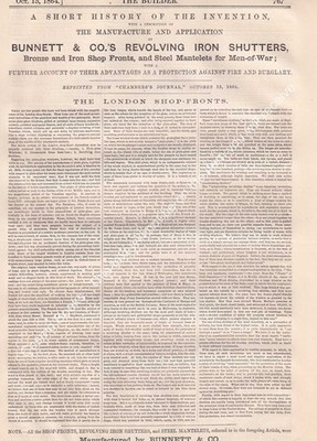 1864 : BUNNET & CO'S REVOLVING IRION SHUTTERS; THE LONDON SHOP FRONTS. AN ORIGIN