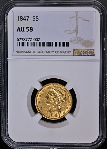 1847-P Over '7' Liberty Gold $5 NGC AU58 Great Eye Appeal Strong Strike - Picture 3 of 4