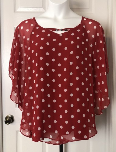 Cato Flutter Sleeve Top Womens 22W 24W Red Tank With Sheer Polka Dot Overlay