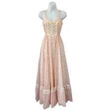 Vintage 70s 80s Gunne Sax Peach Lace Floral Prairie Maxi Sundress Sz 5 XS