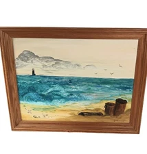 Original Lighthouse Beach Seagulls Acrylic Painting on Board Framed OOAK Vintage