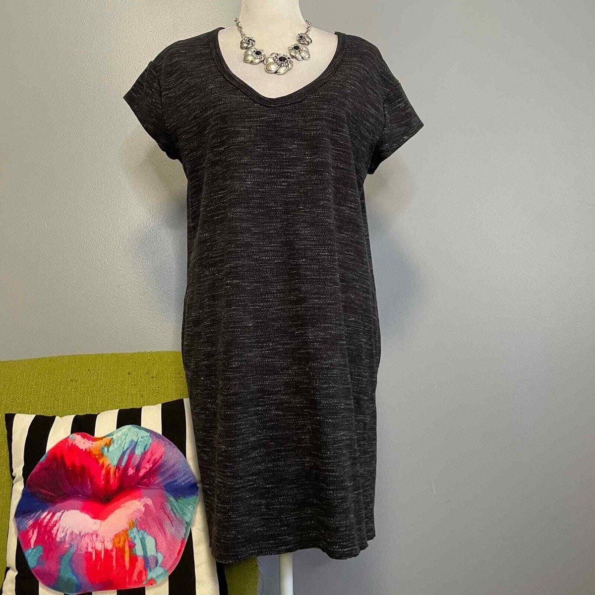 atm t shirt dress ATM Anthony Thomas Melillo Heathered Black Casual Tunic T-shirt Dress