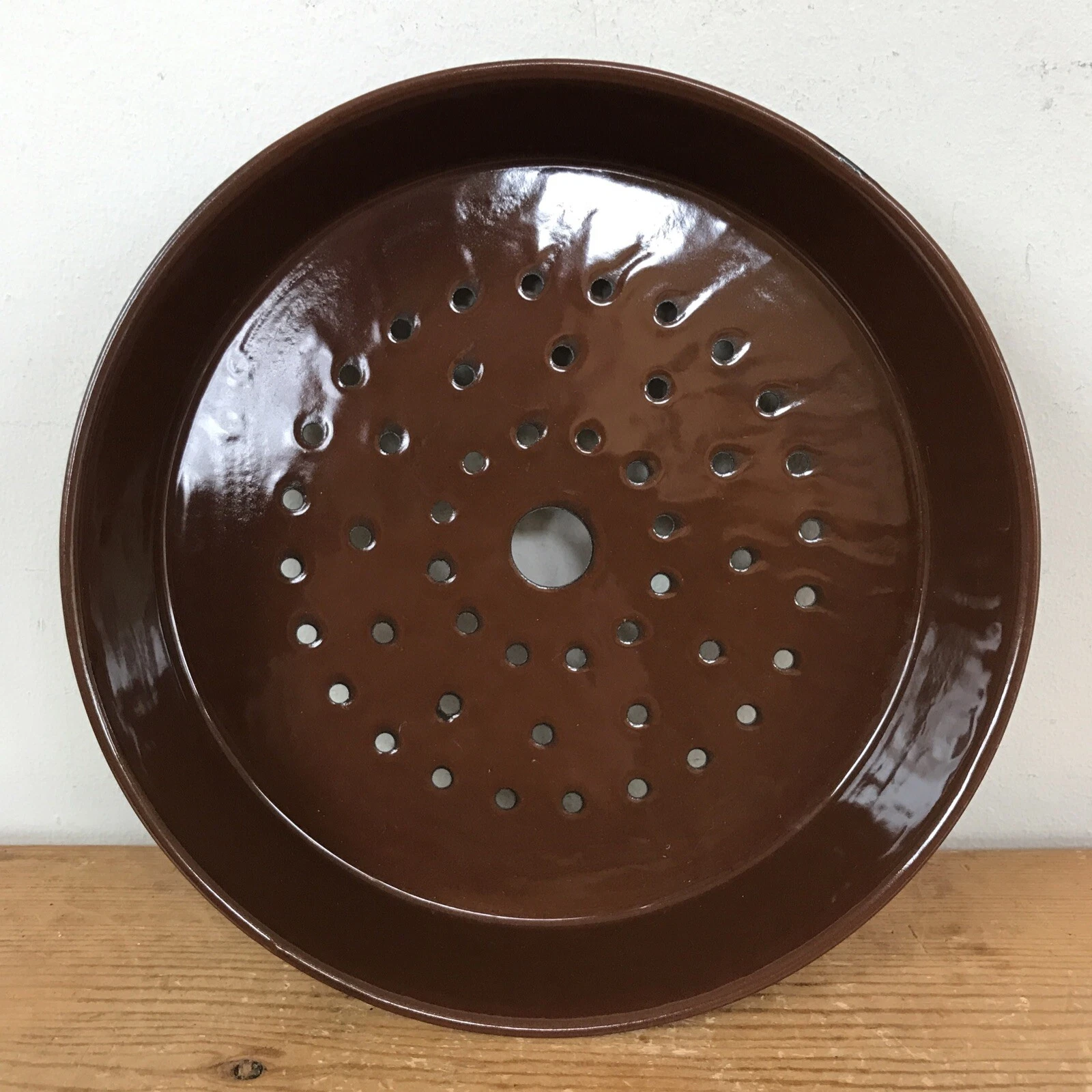 Vtg Antique Dark Brown Enamel Enamelware Metal Colander Strainer Pan Insert 8.5"