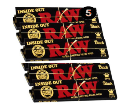 5 Packs RAW Black King Size Slim ''INSIDE OUT'' Rolling Papers for ''Backrolling''