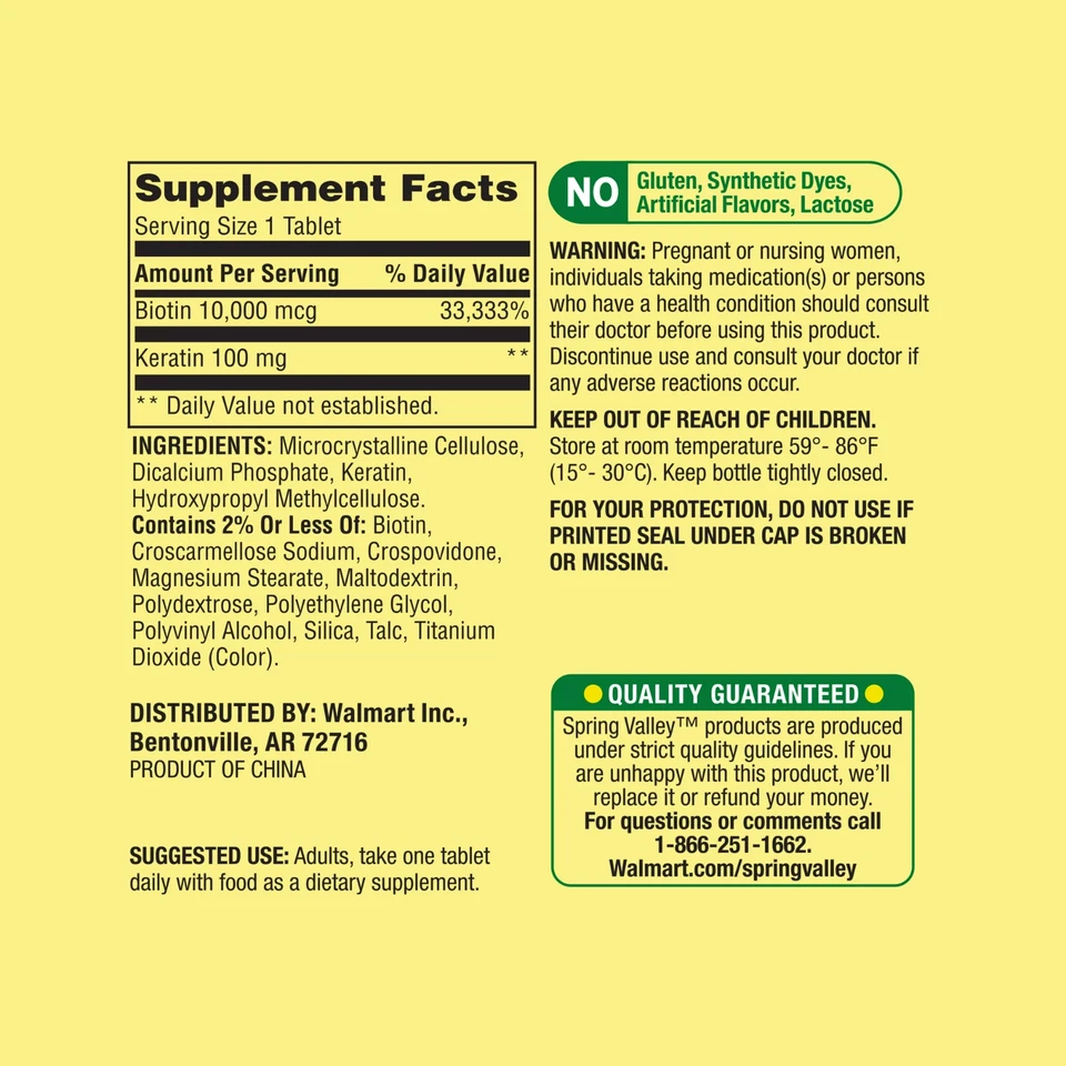 Spring Valley Extra Strength Biotin Plus Keratin Tablets 10,000 Mcg, 60 Count - Image 3 of 3